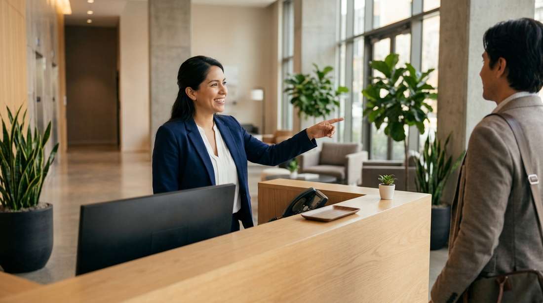 Recepcionista orientando a una visita en el hall de un edificio