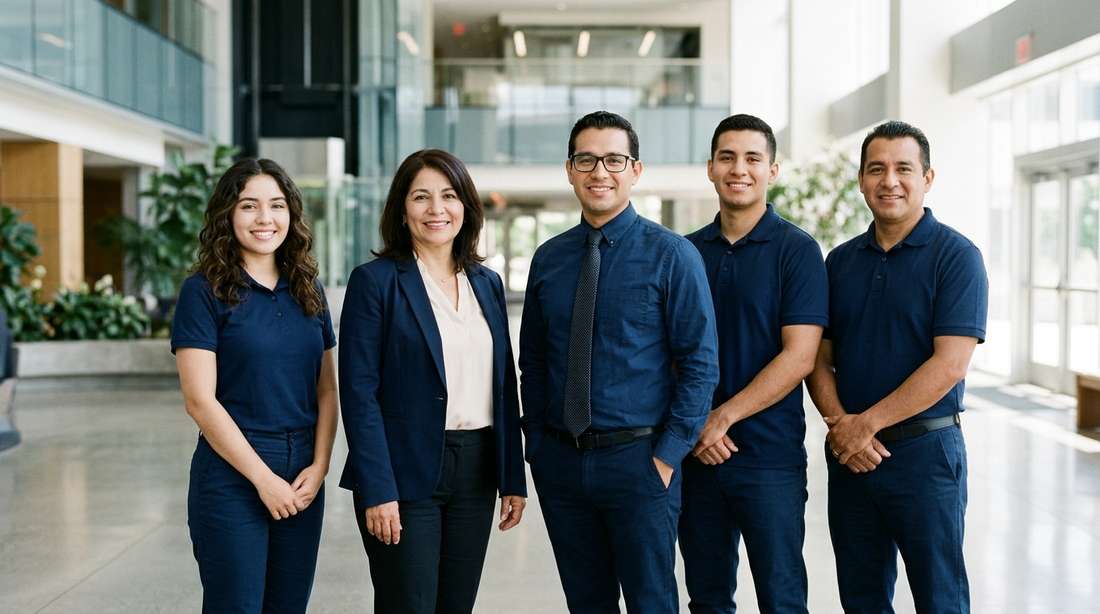 Equipo de Facility Group con uniforme azul marino en una instalación