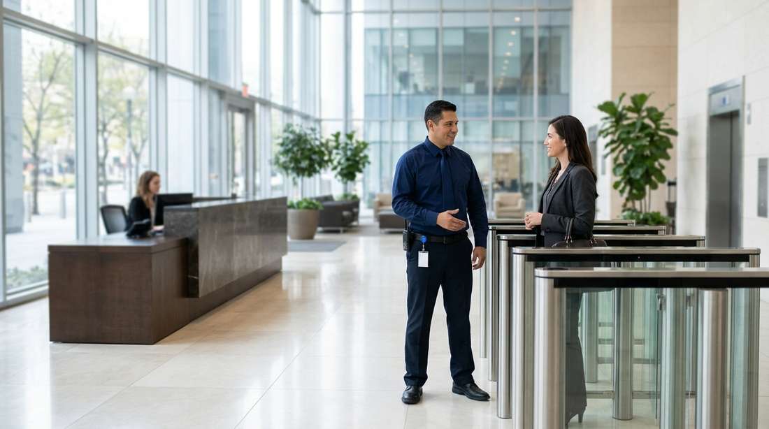 Guardia de seguridad en el control de acceso de un edificio corporativo